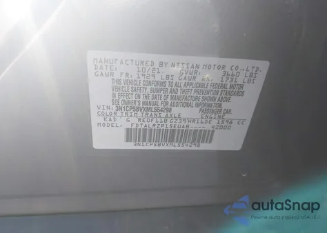 2021 Nissan Kicks S Xtronic Cvt z USA, uszkodzony, nr VIN 3N1CP5BVXML554298